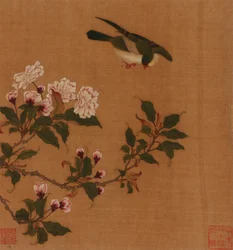 開花した枝の上に浮かぶ鳥、清王朝、18世紀。