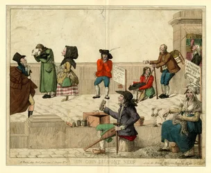 1813年頃、足の不自由な乞食と露天商がいるパリのポン・ヌフの一角。