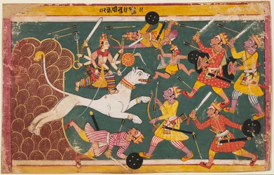 Devi-Mahatmyaからのページ：悪魔Raktabijaの酒飲みとしての女神、c。 1640。