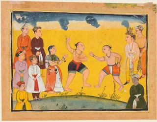 マハーバーラタのページ：ジャヤドラサと戦うビマc。 1615年。