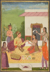テラス席で軽食をとりながら女性と会話する王子...、c。 1710-1720。