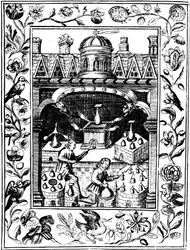 様々な形の炉と容器を示す錬金術研究所、1652