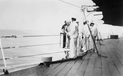 アメリカの俳優で映画監督のダグラスフェアバンクス、船上HMSマラヤ、ベニス、イタリア1938