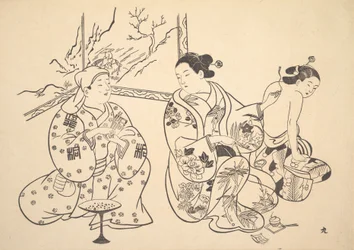 客間で座っている花魁が、別の女性のむき出しの背中に火の治療を適用します。