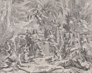 絵画のアレゴリー、中央左の子供がタブレットに絵を描いている、surrou...、1650-1700。