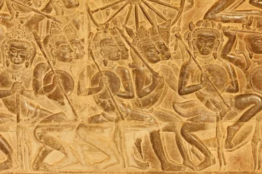 アンコールワット クルクシェトラの戦いのレリーフ彫刻の詳細（カンボジア、シェムリアップ