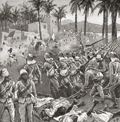 マフディスト戦争中の1896年6月7日、フェルケまたはフィルケットの戦いでフェルケの村を襲撃する英エジプト軍。