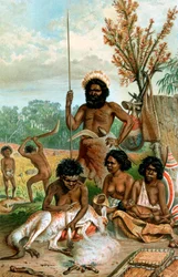 カンガルーを屠殺するオーストラリアの原住民、1885-1888