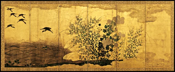 野生のガチョウのいる秋の風景c。 1650