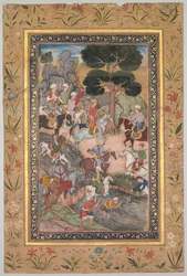 BaburのBabur-nama Memoirsから、Kohik RiverでのSultan Ali MirzaとのBaburの会合、c。 159