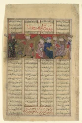 Bahram Chubina Meets a Lady who foretelling his Fate, Folio from a Shahnama..., ca. 1330-40。