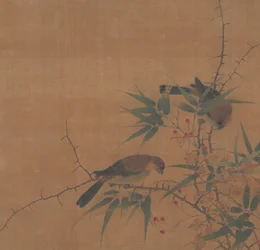 ベリーと鳥が描かれた竹の枝、17世紀。