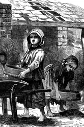 1871年、レンガ造りの庭でほこりをふるいにかける裸足の少女