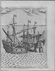 フランシスドレイクスの船、ゴールデンハインドとスペイン船のカカフエゴの戦い。 Levinus Hulsiuから