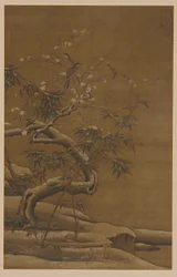 冬の鳥、梅の花、竹、16世紀。