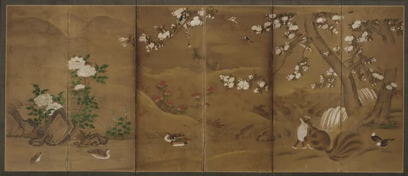鳥、季節の花、ジャコウネコ、室町または桃山時代、16世紀.