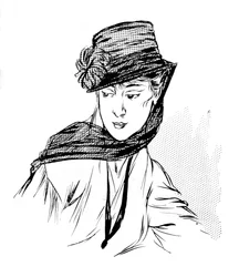 絹の菊と喪服用ヴェールをあしらった黒いクレープ帽子、1915年