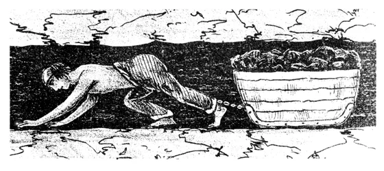 1848年、サウスウェールズの狭い縫い目に沿って石炭のそりを引きずる少年パター