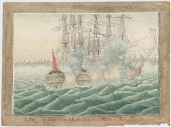 1829年、1829年5月14日にトルコの2隻の船と戦うブリークマーキュリー