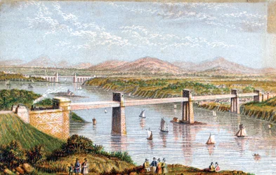 メナイ海峡、ウェールズ、c1850年代のブリタニア管状橋