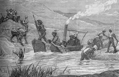 Mahuta、c1882でアラビによって建設されたダムを切断するイギリスの兵士。