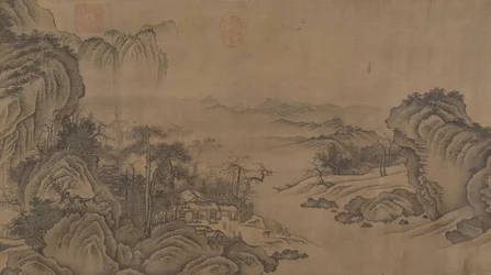 14 世紀の秋の山の中にある仏教寺院。