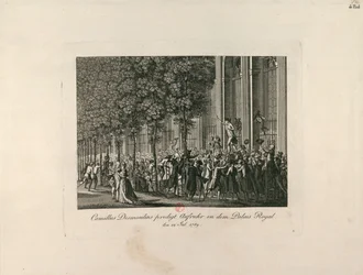 パレ・ロワイヤル庭園のカミーユ・デスムーラン、c。 1797-1800。