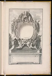 ヘルメットとマスクで飾られたカルトゥーシュ