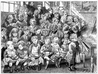 夕食時にスープを待つ子供たち、ロンドンボードスクール、デンマークテラス、イズリントン、1889年