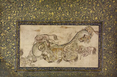 Chilins 中国のキメラの生き物がドラゴンと戦う、16 世紀。