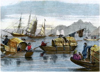 香港の港にいる中国のサンパン、c1875