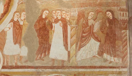 教会（Église Saint-Martin）。内部の様子。壁画（フレスコ画）。身廊の西壁。詳細。聖母の告発と受胎告知。12世紀の作品。