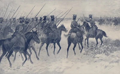 フランス騎兵隊の突撃を待つコサック、1812年、1896年。