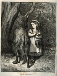 森を越えて、赤ずきんちゃんは狼に出会う。シャルル・ペロー（1628-1703）の「コンテ」からギュスターヴ・ドーア（1832-1883）が描いた版画。