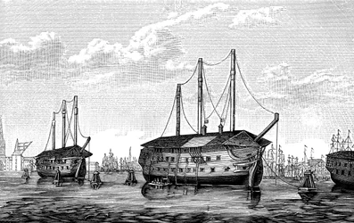 コペンハーゲンのデンマークの刑務所船、ドローニングマリアとウォルデマー、1848年-1849年。