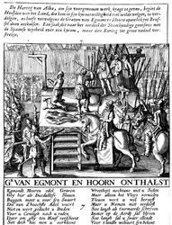 1568年のオランダのスペイン専制政治中のブリュッセルでのエグモント伯爵とホールンの斬首