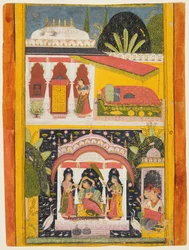 RagamalaシリーズのDesavarari Ragini：中央の礼拝堂の女性と2人の付き添い、c169