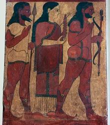 ケレスと付添人が描かれたエトルリアの墓の絵の詳細、紀元前 6 世紀