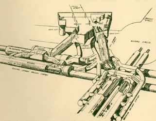 1930年のオックスフォードサーカスにある新しい地下鉄駅の図。