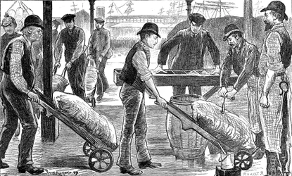 1889年、西インドのドック、ロンドンでドッカーズアンロードシュガー