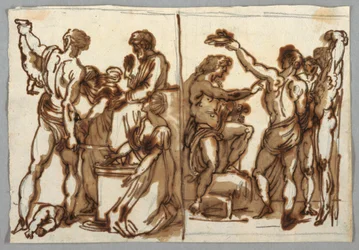 ドローイング、ソロモンの裁き; MarsyasのFlaying、ca。 1820年