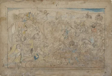ドゥルガー、カーリー、5人のマトリカが、悪魔シュンバのダイティア軍と戦う...1780年頃