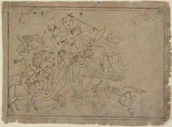 ドゥルガー、カーリー、マトリカが悪魔のラクタビジャと戦う: デヴィ マハトミヤのシーン 1780年。