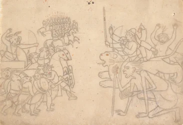 チャンダとムンダの集合軍に迫るドゥルガーとカーリー...デヴィ・マハトミーア、1780年頃。