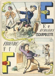 E F：竹馬、エスカルポレット、スリング - 『Games Alphabet』1890年頃（イラスト