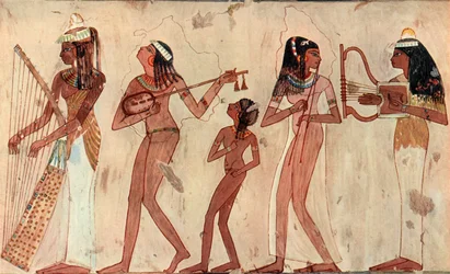 エジプトのアーチ型のハープ、リュート、ダブルオーボエとリラ、ベセットテーベの紀元前1420年から1411年の墓の絵