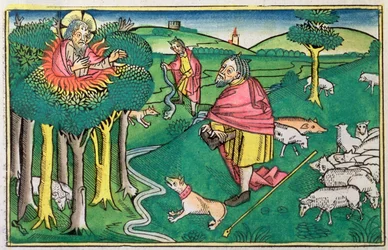 出エジプト記 3:1-22 および 4:1-4: 燃える茂みと奇跡の杖でモーセを武装させる神