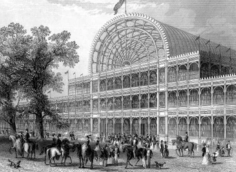 1851年の大展覧会のために建てられたロンドンのクリスタルパレスの北側の廊下の外観