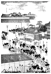 1904年に日本の将軍の宮殿に入る封建領主の行列