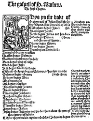ウィリアムティンダールス英語新約聖書、1525年の聖マタイ福音書の最初のページ